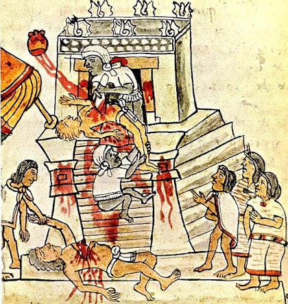 Sacrificio umano azteco rappresentato nel Codex Mendoza del XVI secolo dopo Cristo - Immagine in pubblico dominio, fonte Wikimedia Commons, utente Comandante